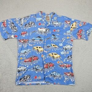 Vintage Island Collection Shirt Mens Large Blue Car Print Aloha Hawaiian 90s
